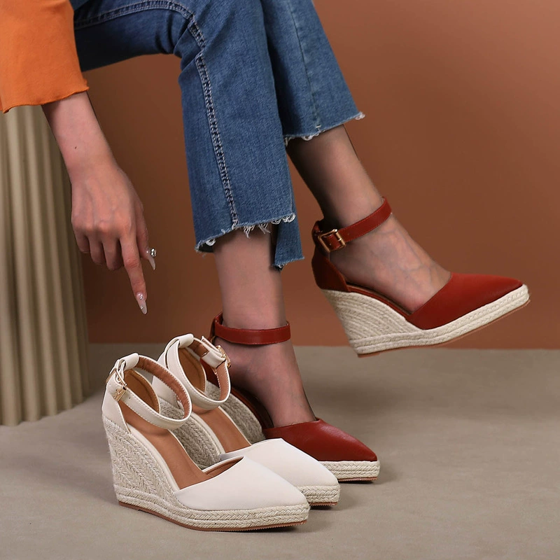 Amazon трансграничная Внешняя торговля танкетка на высоком каблуке заостренные полые женские туфли соломенная тканая пеньковая веревка AliExpress в наличии