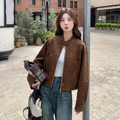 实拍美拉德棕色麂皮绒短外套女春秋2025新款小个子复古上衣夹克
