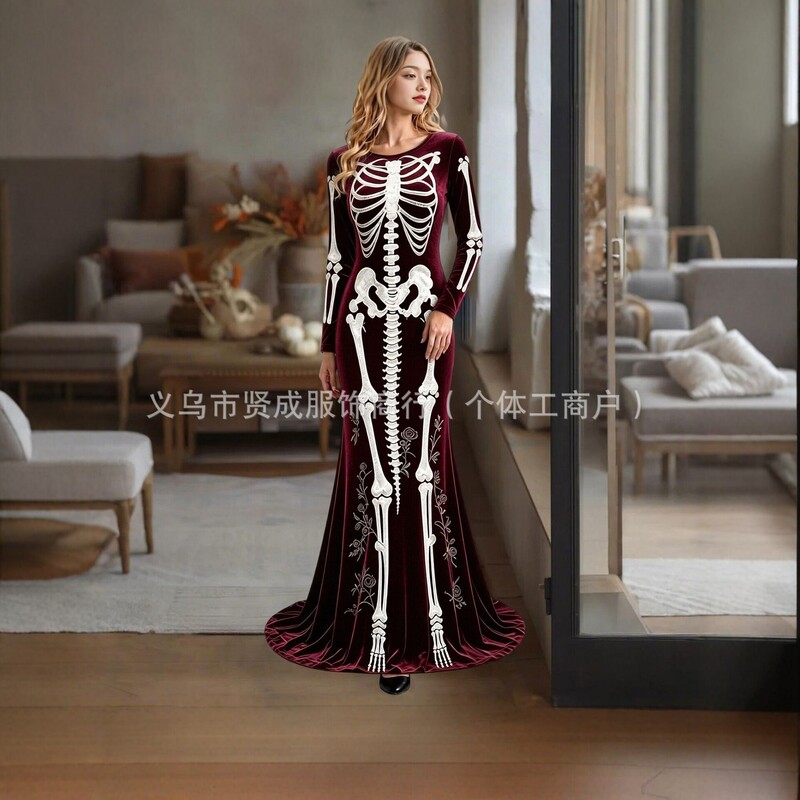 Dark Day of the Dead Skeleton Dress Vintage Velvet Rose Print Halloween Costume Evening Gown Dark Day of the Dead Skeleton Dress Vintage Velvet Rose Print Halloween Costume Evening Gown