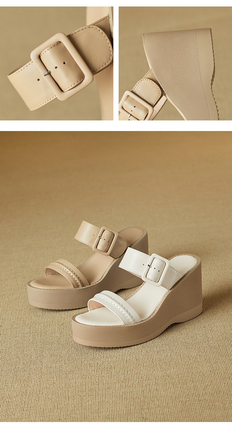 Sandal cao gót nữ hở mũi đế xuồng da bò quai một chữ thắt nút — màu trắng ngà chi tiết 9