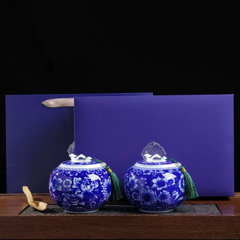 宏鹏如意青花瓷茶叶罐礼盒装工厂批发现代简约普洱茶密封罐瓷药罐