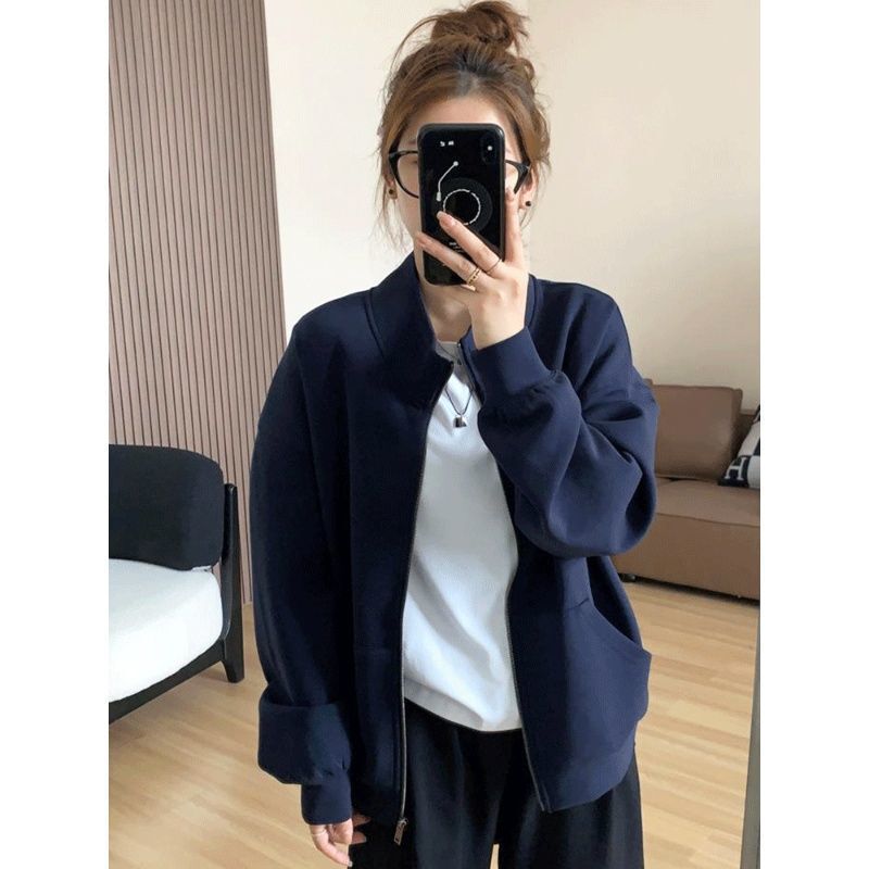 日系纯色简约重磅立领夹克男女学生宽松百搭拉链卫衣秋冬外套|undefined