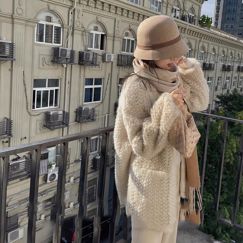 Upgraded New Wheat Style Craft Casual Lazy Mid-length Mink Woven Fur Coat Women's Mink Fur Coat Loose