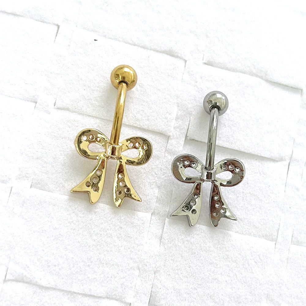 Bow Design Belly Button Ring With Zirconia In Stainless Steel_voghion.com