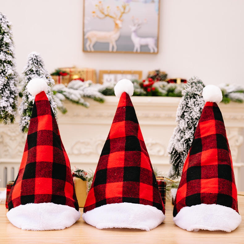 Christmas New Christmas Decoration Plush Edge Plaid Christmas Hat High-end Children's Red and Black Hat Adult Hat_voghion.com