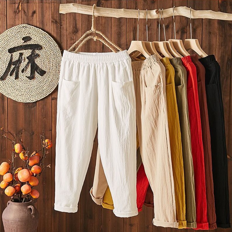 Cotton and Linen Cropped Pants for Women, Summer Thin New Korean Style Loose Slimming High-Waisted Straight Pants, Women's Harem Pants