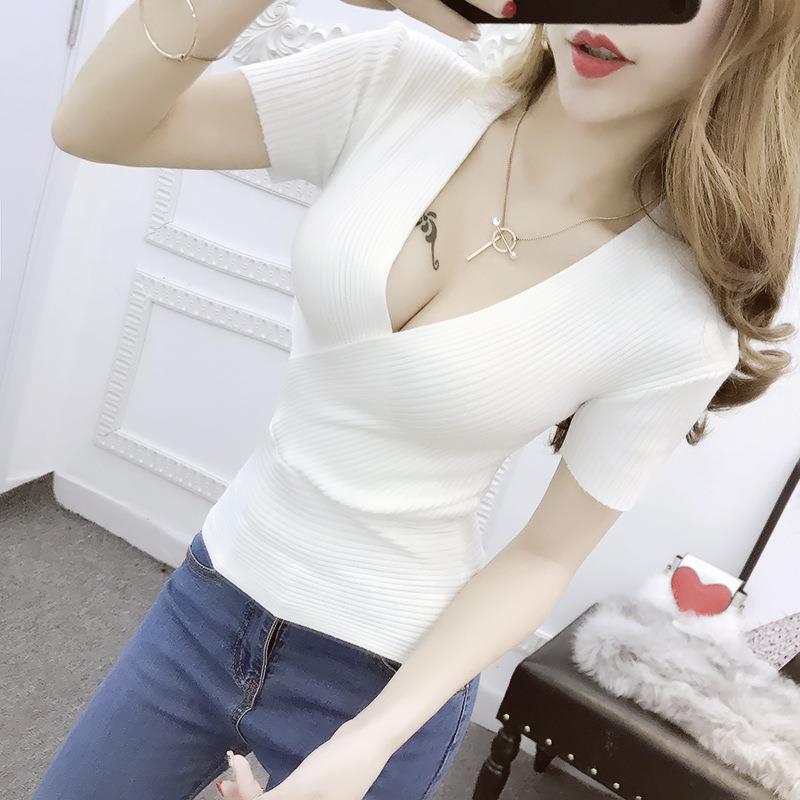 Korean-Style Sexy Women's Round-Neck Spring/Summer One-Size-Fits-All Versatile Low-Cut V-Neck Slim-Fit Short-Sleeve T-Shirt Knit Cross-Over Top Korean-Style Sexy Women's Round-Neck Spring/Summer One-Size-Fits-All Versatile Low-Cut V-Neck Slim-Fit Short-Sleeve T-Shirt Knit Cross-Over Top