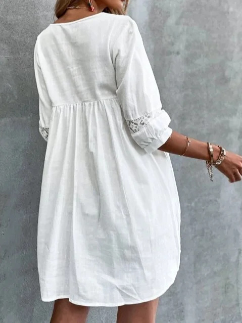 Solid Color Pattern Summer Season Women'S Gender Lace Design Vacation Style Wholesale Women'S Vacation Lace Solid Color Holiday V Neck Half Sleeve White Dress