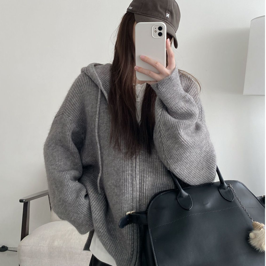 2025 New Korean Hooded Zipper Sweater Women's Spring and Autum High-End Knitted Cardigan Top Jacket Gray