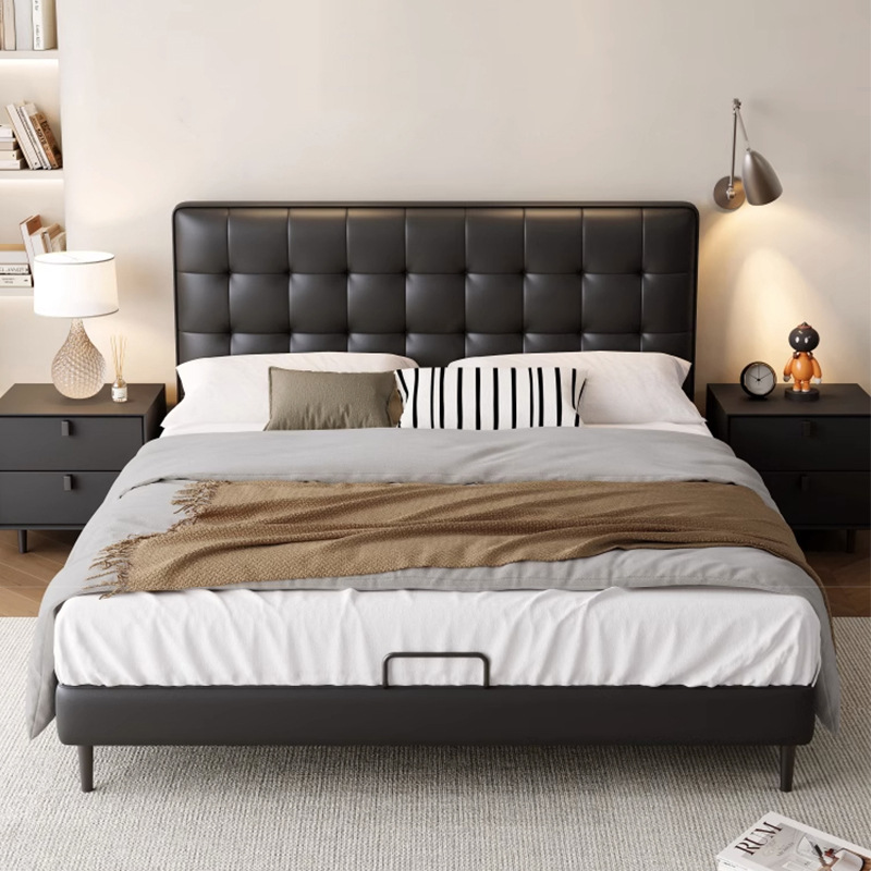 Minimalist Genuine Leather Bed Italian Luxury Modern Small Apartment Master Bedroom 1.8 Meters Top Layer Cowhide Double Soft Package Genuine Leather Bed 