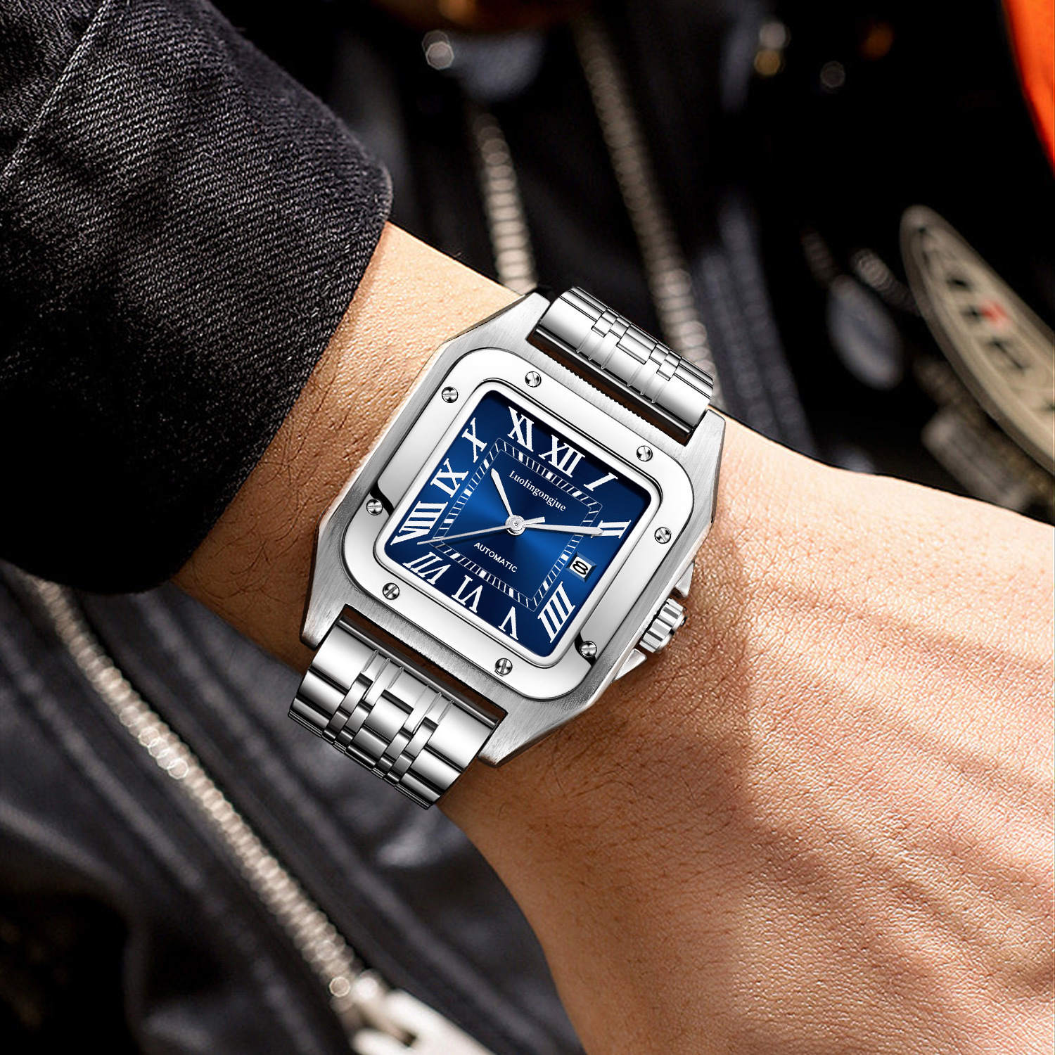 透かし彫りのストライプの山度士の全自動機械は男性の大気の大きい文字板の防水の機械の時計を卸売りして代行します。