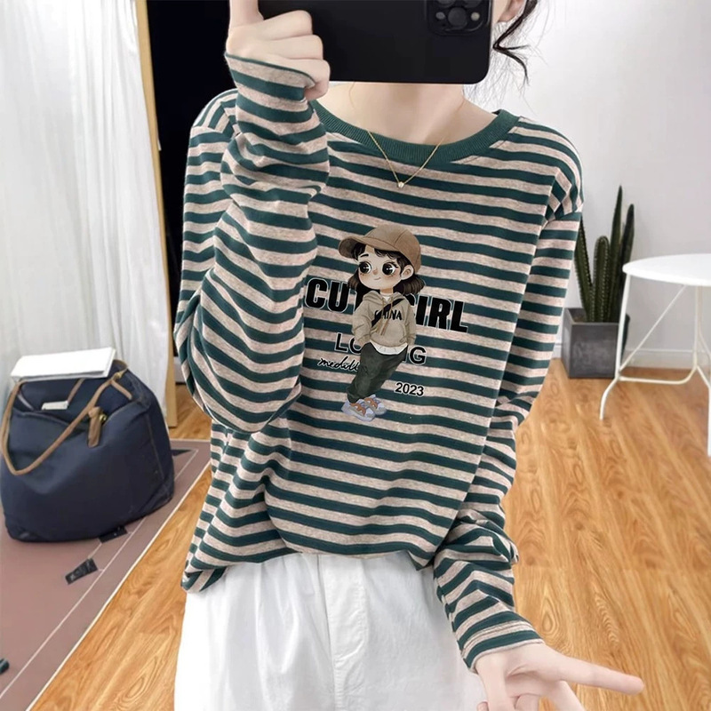 Striped design pure cotton long-sleeve t-shirt for women, Korean style, fashionable and versatile top, base shirt, 2026 new autumn and winter model Striped design pure cotton long-sleeve t-shirt for women, Korean style, fashionable and versatile top, base shirt, 2026 new autumn and winter model