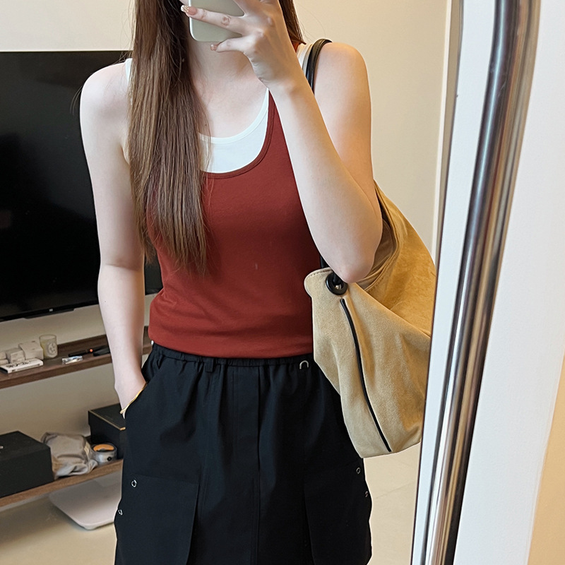 Stacked Fake Two-Piece U-Neck Knitted Vest Women's Summer Korean-Style Loose Contrast Color Outer Sleeveless Tops T-Shirt Stacked Fake Two-Piece U-Neck Knitted Vest Women's Summer Korean-Style Loose Contrast Color Outer Sleeveless Tops T-Shirt
