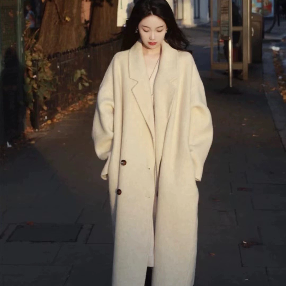 Красное двухбортное плюшевое свободное корейское утолщение шерсть альпака двухсторонняя кашемировое шерстяное пальто женская куртка Далянь