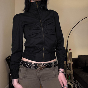 American Street Style Black Waist Slimming Pleated Stand Collar Work Jacket Cool Outdoor Style Pocket Top for Women