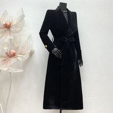 2025冬季加棉加厚方格丝绒超长款大方领风衣外套女A字摆黑色大衣