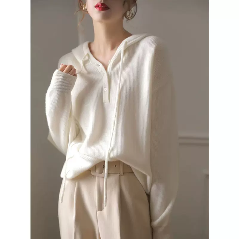 春秋连帽羊绒针织卫衣女宽松纯色显瘦套头毛衣休闲羊毛打底帽衫潮