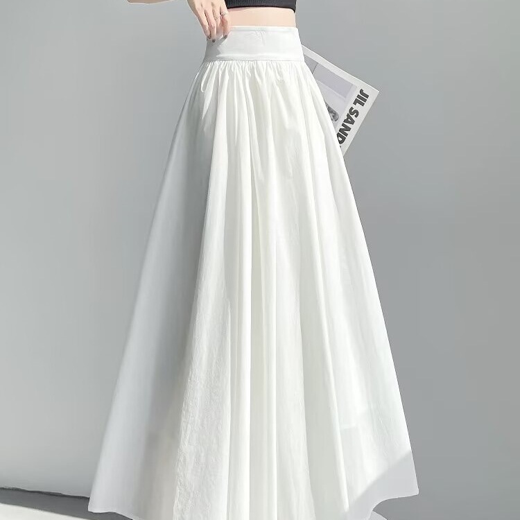 White Pleated Yamamoto Skirt for Women in Summer with Large Hem A-Line Umbrella Skirt Mid-Length Cotton and Linen Ice Silk Skirt for Spring & Fall