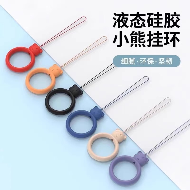 Cute bear liquid silicone ring lanyard, short liquid silicone phone strap for USB flash drives.