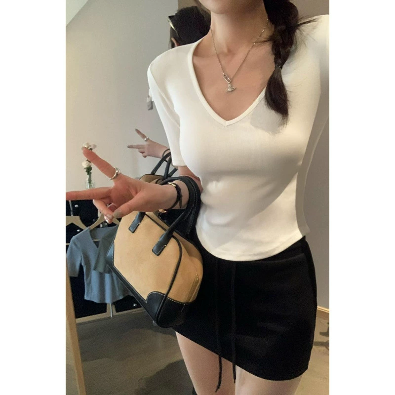 Летняя футболка с коротким рукавом, V-образный вырез, slim fit