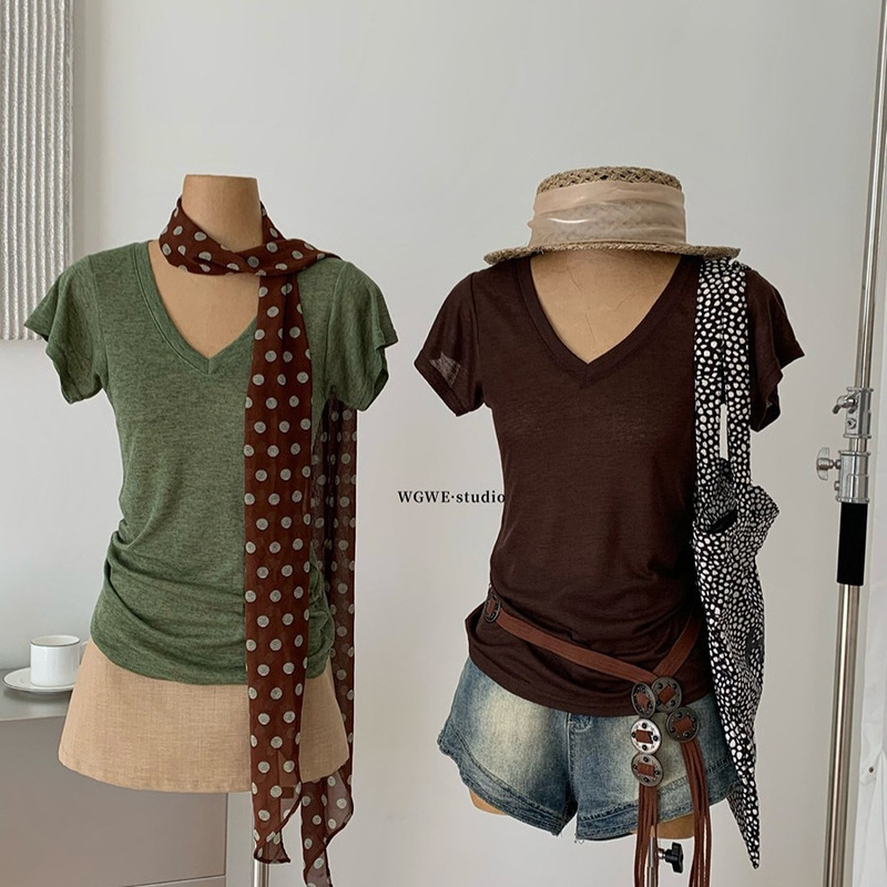 Wgwe Lazy Style Summer Korean Simple Relaxed Slim Fit Slightly Transparent V-Neck Short Sleeve T-Shirt for Women W9109