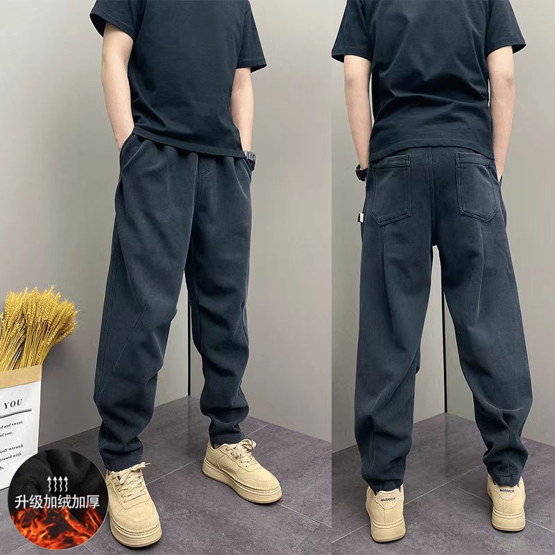 Autumn and Winter Fleece-Lined Casual Pants for Young Men, Versatile Elastic Waist Harem Pants, Jogger Pants, Harem Pants for Men in Winter