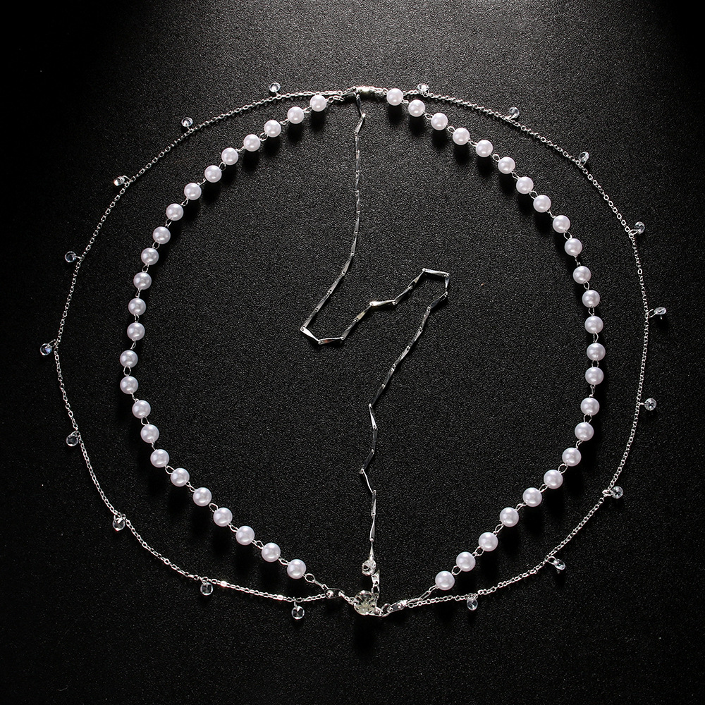 Amazon venta caliente cadena de cabello de perla boda temperamento multicapa jacquard frente cadena de cabello