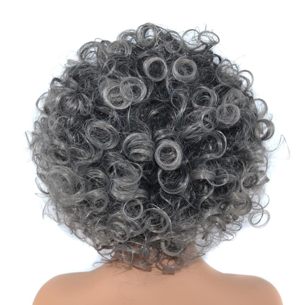 Synthetische pruik Zwart zilvergrijze korte pruik met licht gekrulde chemische vezels, explosieve kop, pluizig krullend haar, hoofdband_voghion.com