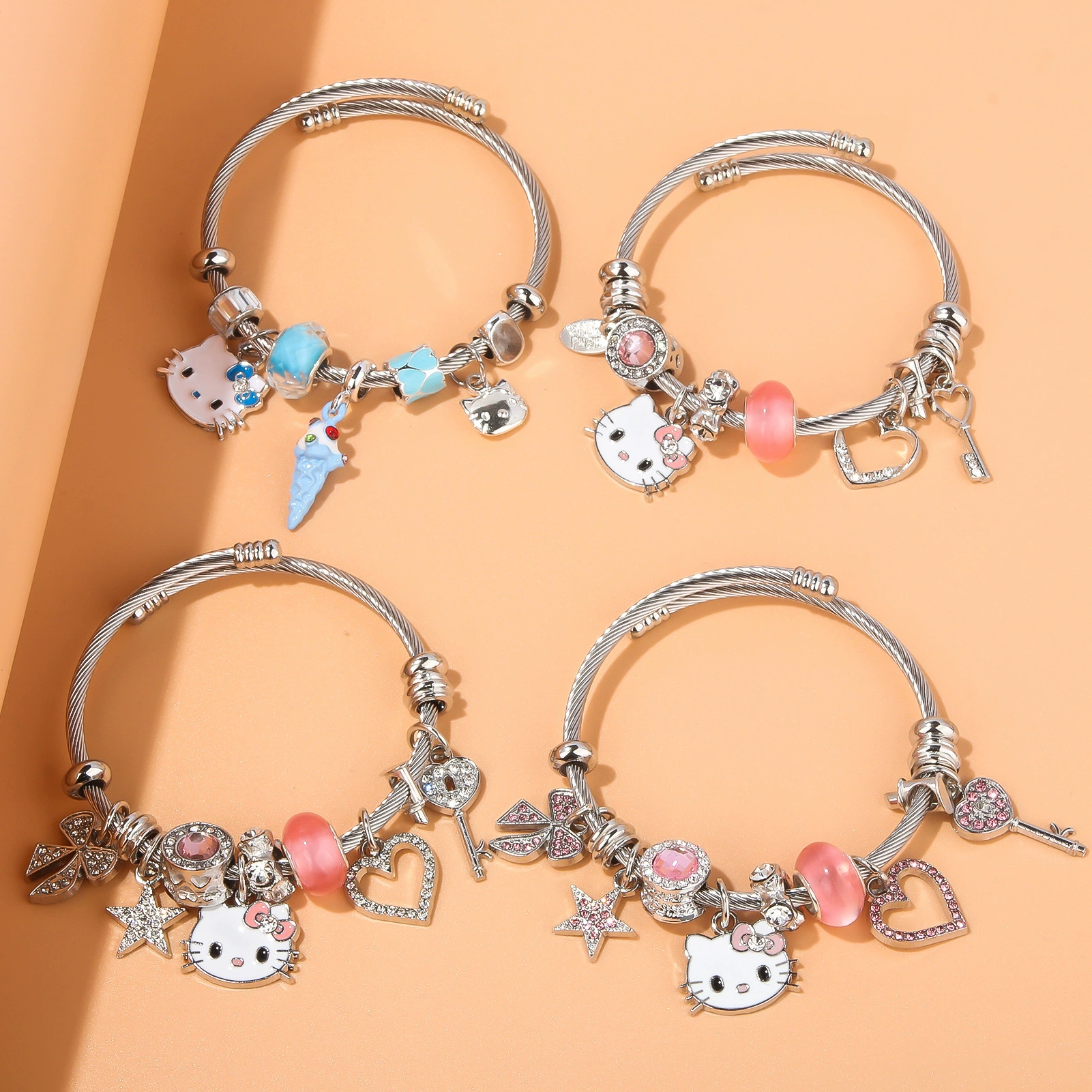 Набор браслета и брелока (Hello Kitty) с подвеской-бантиком, милые мультяшные подвески, assorted colors