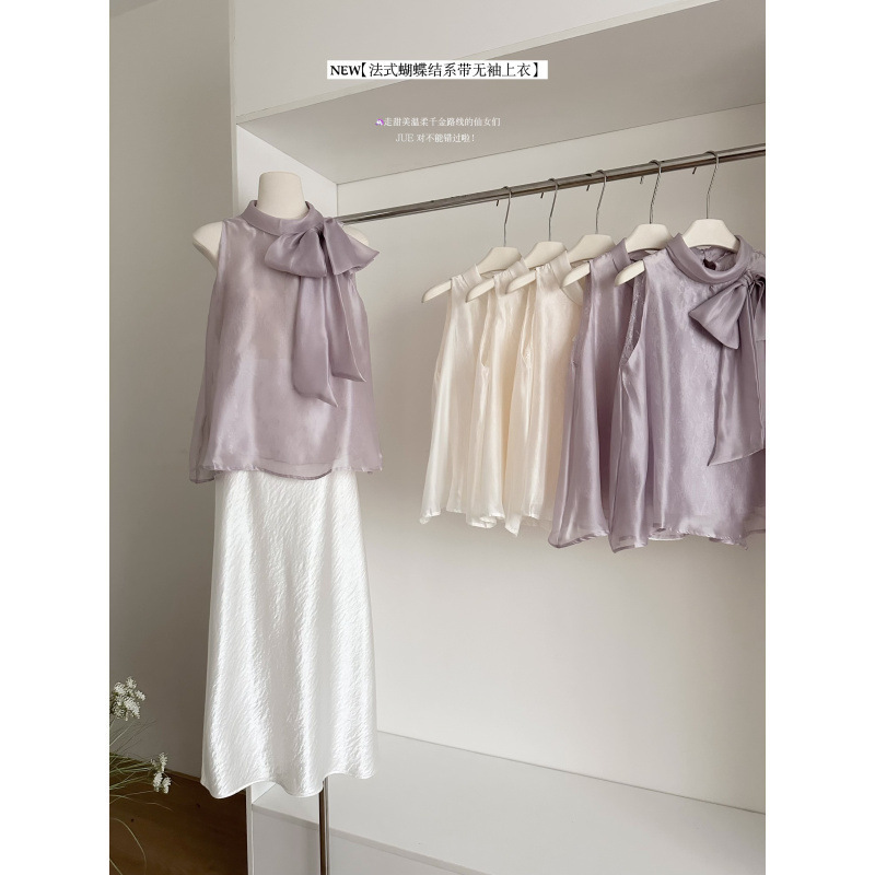 French Bow Lace Top Summer Sleeveless Loose Tencel Shirt Vest