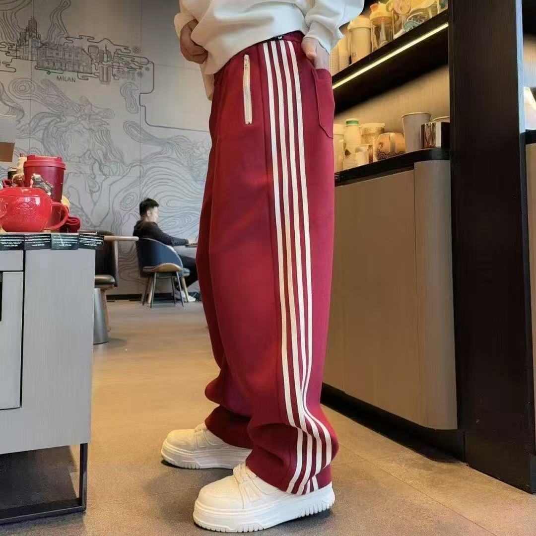 Men's Winter Straight Leg Pants 2025 Trendy Four Stripe Color Block Casual Sporty mid Waist Long Polyester Sweatpants_voghion.com
