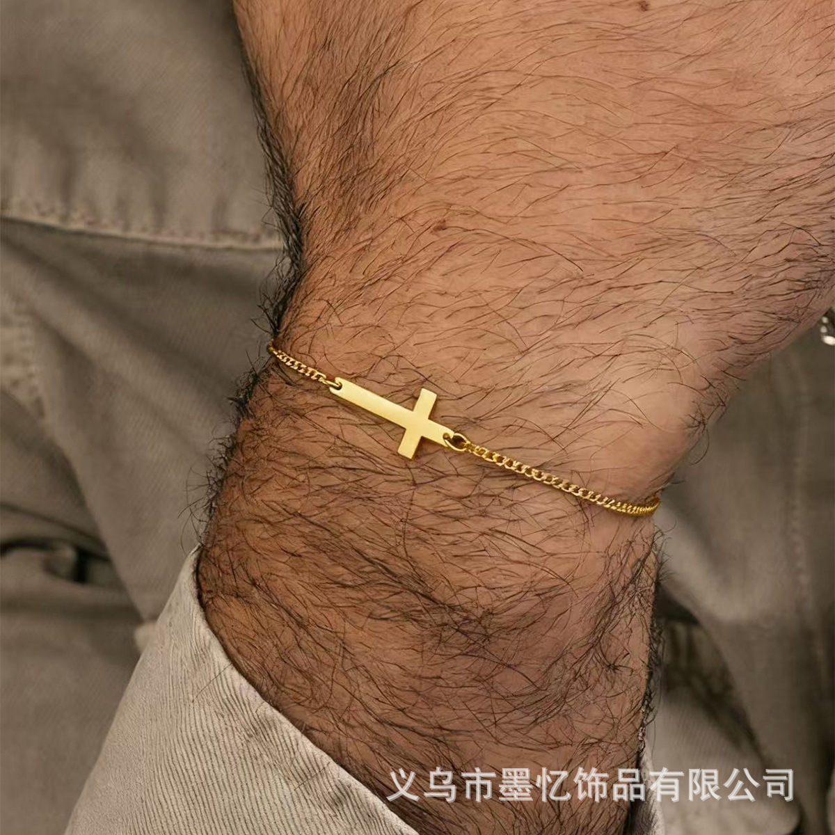 All-Over Stainless Steel 18K Gold Cross Men's Bracelet with Fine Chain, Non-Fading, Simple Hand Jewelry, Cross-Border