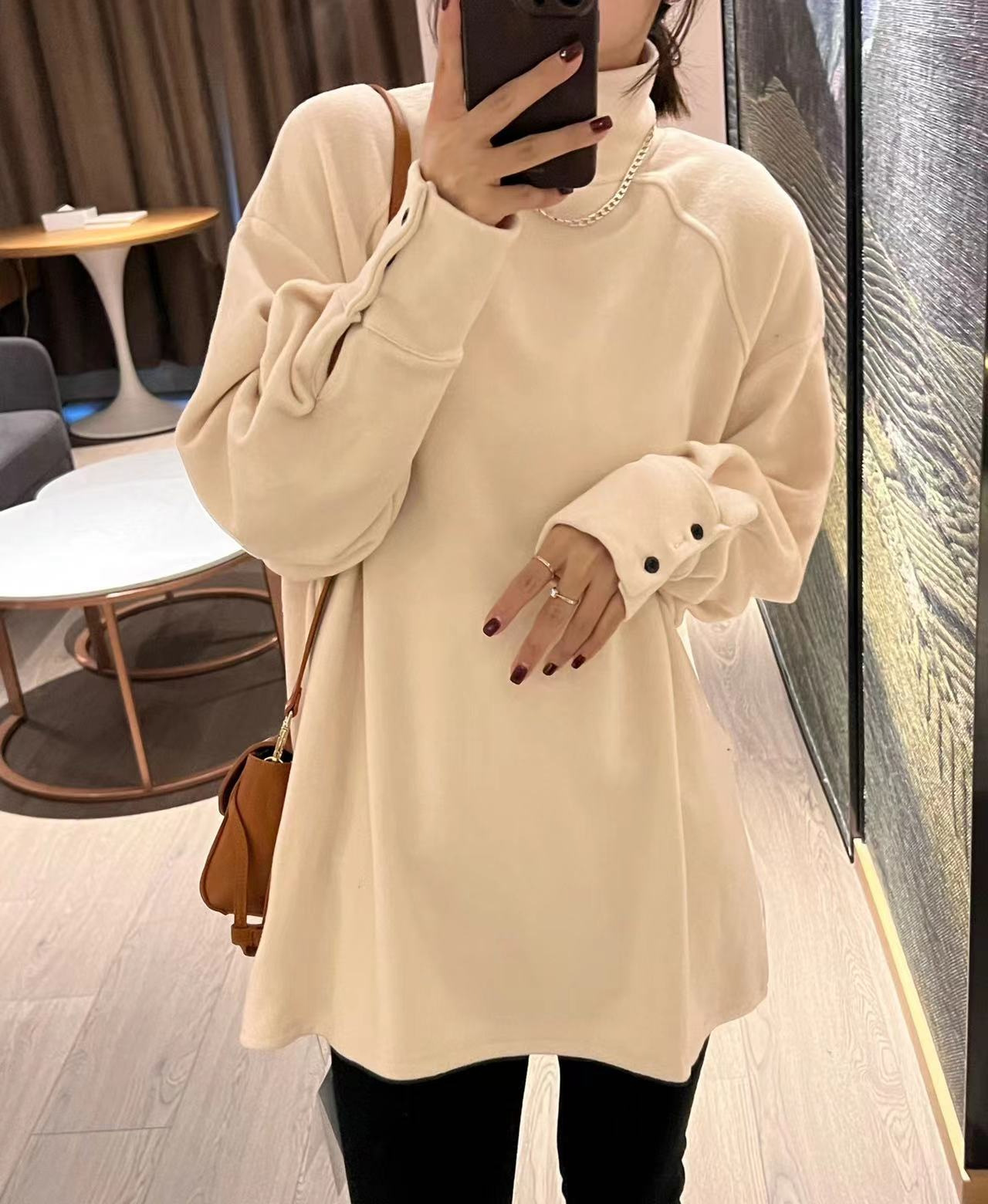 Women's Clothing New autumn and winter half high collar German velvet bottoming shirt for girls, loose thickened brushed long sleeved T shirt top_ipsvogv.com