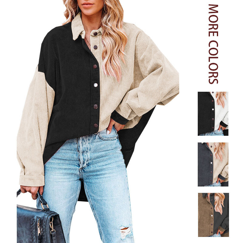 2026 Amazon Autumn and Winter New Independent Platform European and American Cross-Border Tiktok Foreign Trade Women's Color-Block Corduroy Shirt