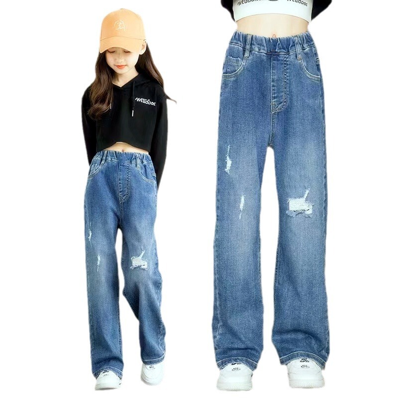 女の子のワークジーンズ春と秋の新しい工場子供服卸売中型および大型子供用ストレートレッグルーズワイドレッグ子供用ズボン|undefined