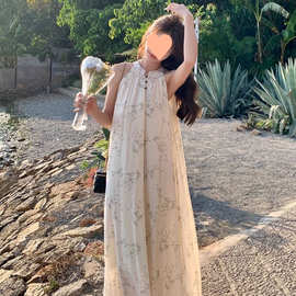 新中式国风无袖挂脖连衣裙夏季2025新款气质温柔清冷感水墨画长裙