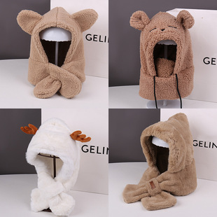 Winter cute furry suit hat for women outdoor warm ear protection neck scarf gloves hat plush three-piece set
