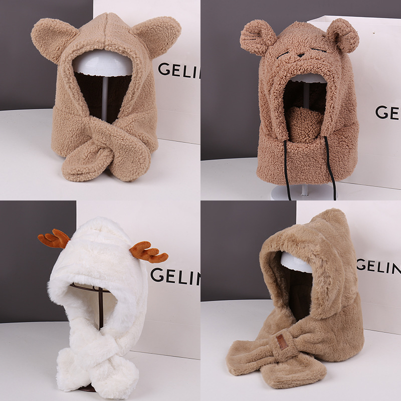 Winter Cute Furry Suit Hat for Women Outdoor Warm Ear Protection Neck Scarf Gloves Hat Plush Three-Piece Set