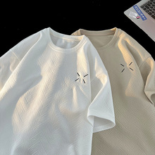 提花白色短袖t恤男士2024新款夏季宽松重磅设计感七分袖男生上衣