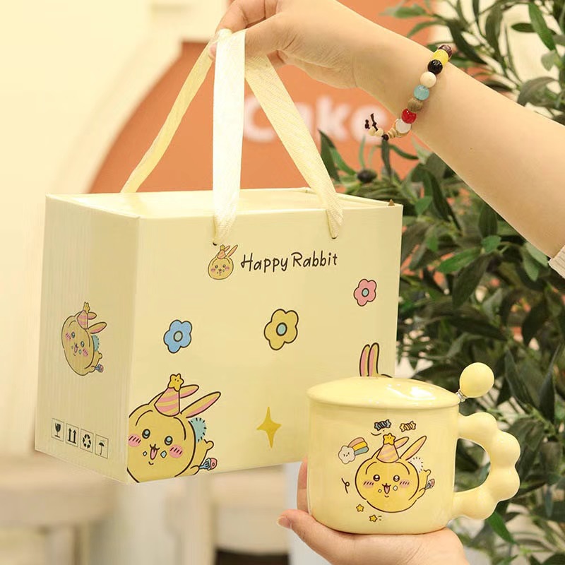 Cute Butter Ceramic Mug Mug with Lid and Spoon High Color Value Birthday Gift Opening Event Accompanying Gift Gift Cup