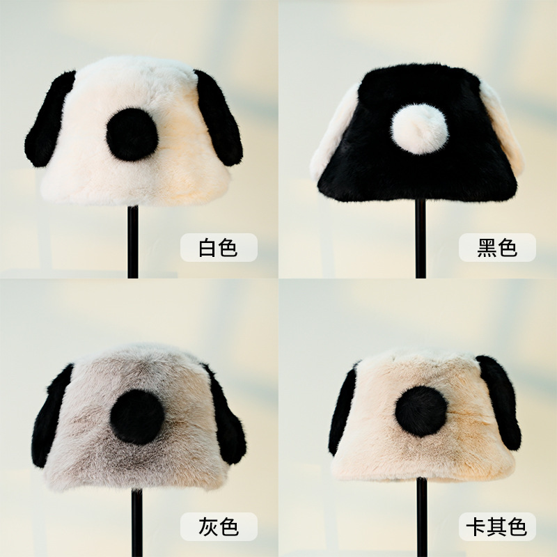 新款可爱毛绒熊猫小狗帽子冬季保暖仿皮草帽户外防风寒护耳渔夫帽