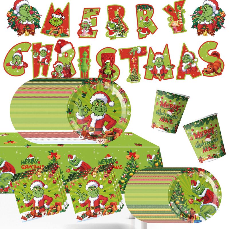 Cross-border Christmas Grinch-themed children's birthday party decorations, including disposable tableware, tablecloths, and paper plates Cross-border Christmas Grinch-themed children's birthday party decorations, including disposable tableware, tablecloths, and paper plates