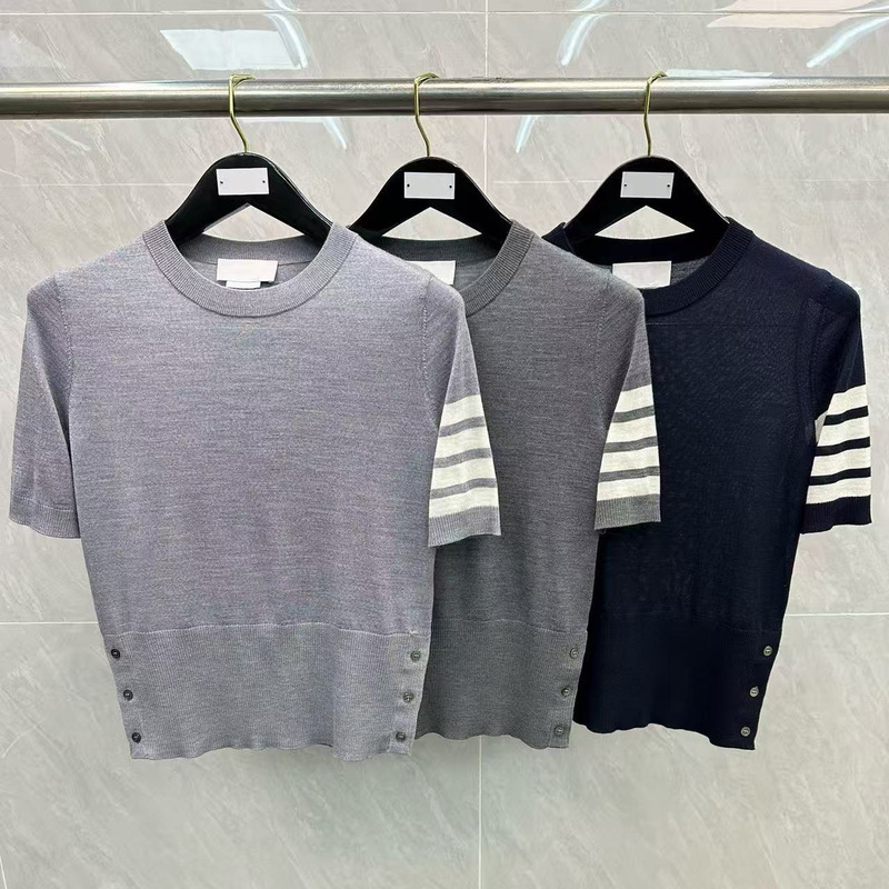 Factory direct sales: TB women's merino wool thin, round-neck, short-sleeved, casual knit top in a preppy style Factory direct sales: TB women's merino wool thin, round-neck, short-sleeved, casual knit top in a preppy style