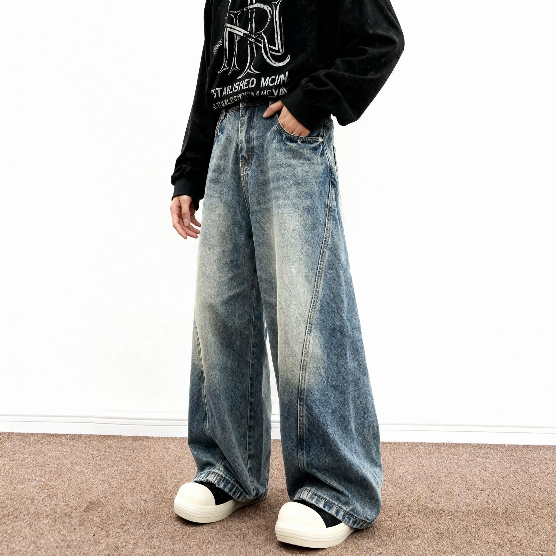 Men's Relaxed Fit Straight Leg Stretch Denim Jeans Vintage Wash Casual Comfort Pants_mkmklike.com