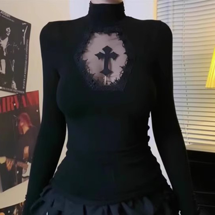plus size chubby girl American Retro Cross Hollow Top Trendy Women's Spring and Autumn New Slim-fit High Neck Inner Base Shirt