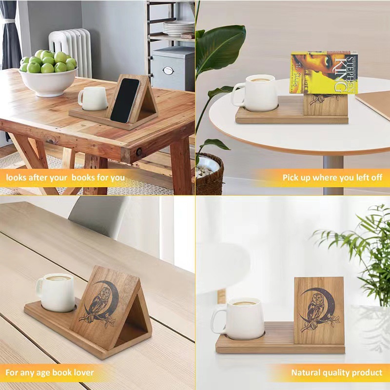 Estante de lectura triangular de madera con posavasos para escritorio de oficina Estante de madera maciza con posavasos de café