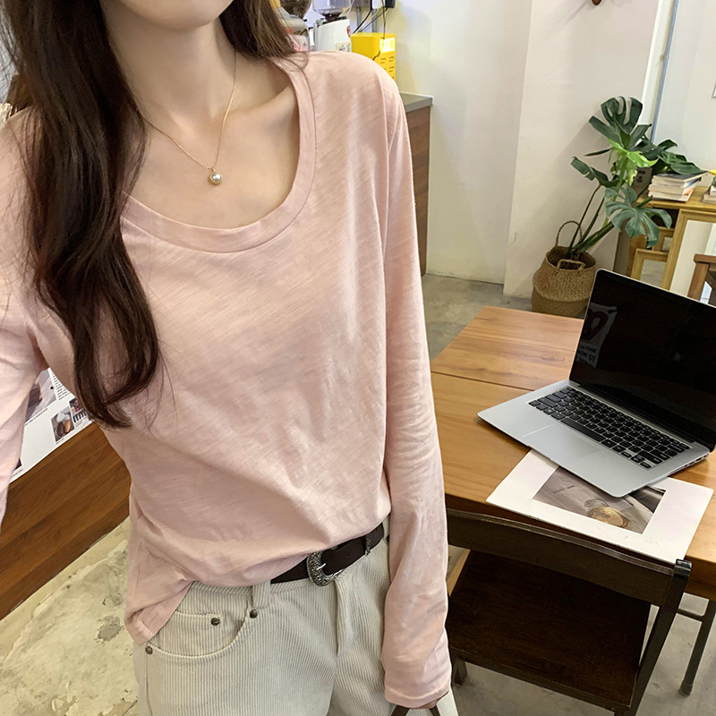크루 넥 코튼 대나무 긴팔 티셔츠베이스 셔츠 여성의 봄과 가을 2024 새로운 캐주얼 간단한 올 매치 탑