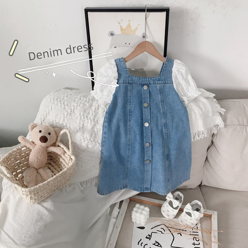 Women's Cowboy Dress 2024 Summer New Arrival Baby Girl Korean Style Bubbling Sleeve Splicing Princess Dress Wholesale