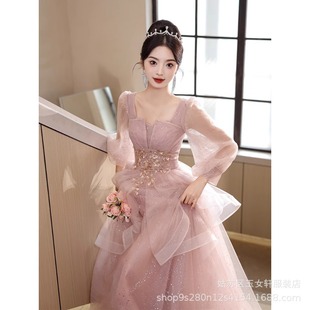 Pink Evening Dress 2025 New Banquet Elegant Engagement Accessible Luxury Niche Classy High-End Long-Sleeved Host