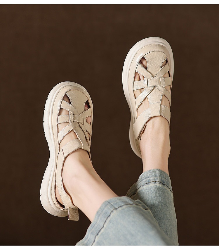 Sandal nữ đế dày da cừu phối quai ngang phong cách học đường — màu đen, màu trắng ngà chi tiết 23